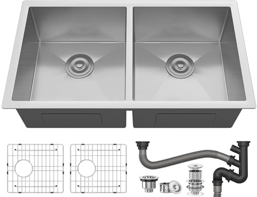 YITAHOME Kitchen Sink 33 x 19 x 10 Undermount Sink 304 Stainless Steel 50/50 Double Bowl Sink with Accessories for Workstation, Prep Kitchen, Bar Sink