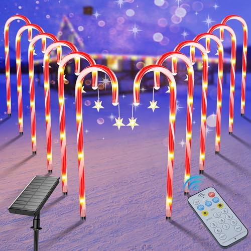 Ninonly Solar Christmas Candy Cane Lights, 12 Pack 72 LED Candy Cane Decoration Light with Star, 8 Modes Solar Lights Outdoor Waterproof Christmas Garden Light for Xmas Patio Pathway