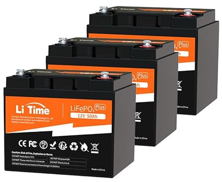 LiTime Batería LiFePO4 12V 50Ah – Batería de Litio 640Wh con BMS 50A, Ciclo Profundo para Kayak, Motor Eléctrico Marino, Autocaravana y Off Grid (3 Piezas)