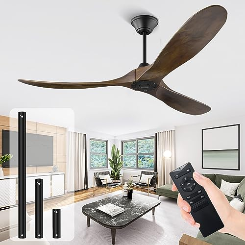 MSHENUED Deckenventilatoren, moderner leiser Deckenventilator ohne Licht mit Fernbedienung, 60(153CM) 3-Flügel-Deckenventilator aus Holz ohne Licht für Schlafzimmer, Wohnzimmer, Terrasse, Innenhöfe