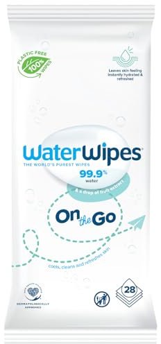 WaterWipes Plastikfreie Reinigungstücher für unterwegs, 99,9% Wasser, geruchlos, sanft zur Haut, 28 Feuchttücher