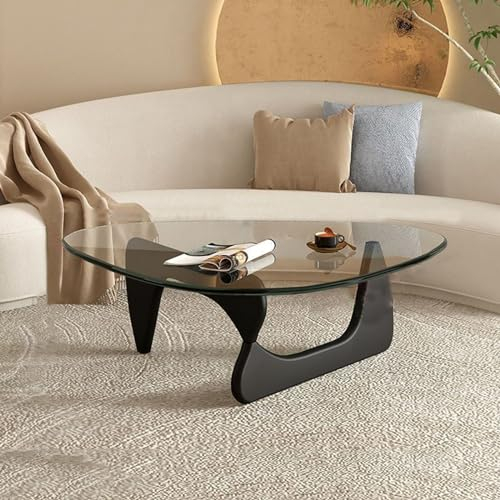 Dreieckiger Couchtisch, moderner Couchtisch (Holzgestell + dreieckige Glasplatte), für Wohnzimmer, Terrasse, Arbeitszimmer, Lounge, Büro,Black + Clear,Medium