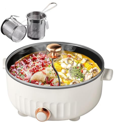 ARTSIM Fondue Chinoise Electrique, Feu à Trois Vitesses Appareil Fondue Chinoise Electrique IdéAl pour Les RéUnions De Famille (avec 2 Filets Non éTanches),White