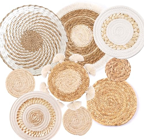 9 Stück Boho-Wandkorb-Set, gewebte Wandkorbdekoration, Seegras, Rattan, Boho-Wanddekoration, umweltfreundlich, runde Wandkunst für Bauernhaus, Schlafzimmer, Wohnzimmer, Ausstellungstisch, Küche,