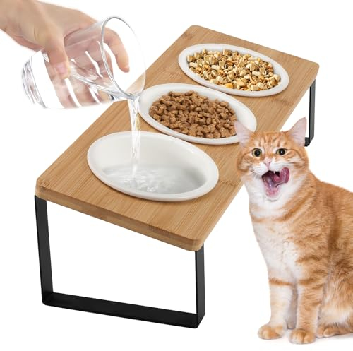 3PCS Cat Bowl, Ceramic Cat Food Bowls With 15°Tilted Wood Stand, Ergonomic Elevated Cat Bowls for Food and Water, Anti Vomiting, Structural stability, Easy to Clean, for Cats and Puppy