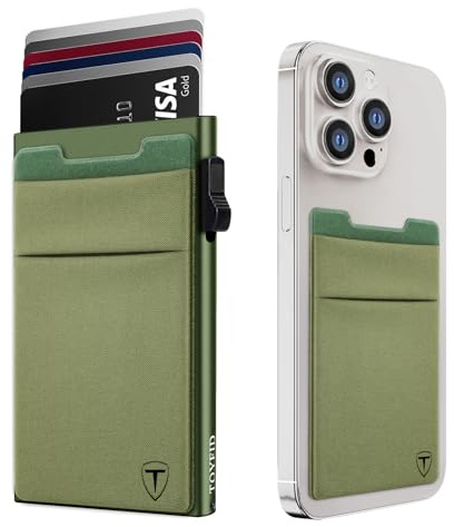 TOYFID Smaragdfarbenes Aluminium Pop-up Slim Card Wallet, RFID | Pop-up-Kartenhalter mit Geldscheinfach. Lycra-Bezug. Bonus-Tuch. Automatischer Auswurf. RFID-Schutz.