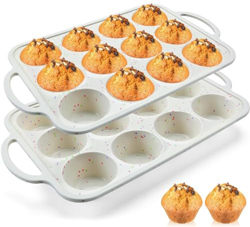 Irayin Silicone Mini Muffin Tray, Metal Reinforced Frame Mini Cupcake Pans, 12 Cup Nonstick Muffin Silicone Molds with Handle for Baking Mini Muffins, Mini Cupcakes, Mini Egg Bites 2Pack