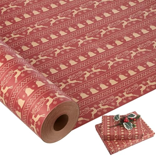 25m Papier Cadeau Noël, 43cm Papier Emballage Cadeau de Noël Papier Cadeau Rouleau en Papier Kraft pour Emballage Cadeau, Bricolage de Noël