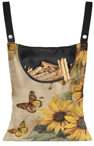 CREAMIC Butterfly Sunflower Clothespin Bag Fashion Hanging Storage Organizer Clothes Pin Bag Waterproof Laundry Clothespin Bag Clothespin Holder for Clothesline Outdoor