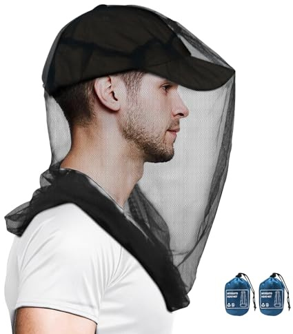 Mosquito Head Net for Insects, 2 Pack, Premium Bug Net for Head, Fly & Bug Protection | Ultra Large & Long, Finest Holes for Camping, Hiking, Fishing, Gardening, Fits All Hats for Men & Women