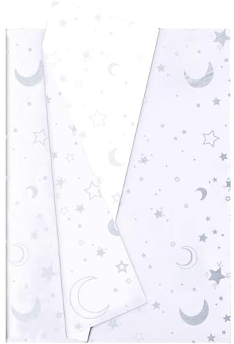 Jwssor Star Moon Geschenkpapier für Weihnachten, Hochzeit, Geburtstag, Basteln, 50,8 x 35,6 cm, Weiß, Silber, 20 Blatt