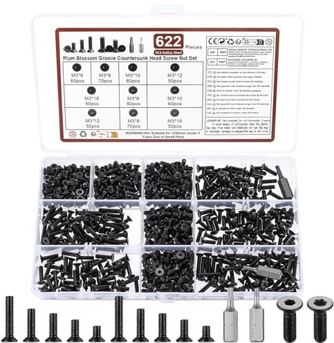 620 STK M3 Schrauben Set, Senkkopfschrauben Set, Senkkopf Innensechskant Schraubenset + Torx Senkkopf Gewindeschrauben Set, Schwarz Metrische Flachkopf Vollgewinde Senkschrauben Set, mit 2 Bits