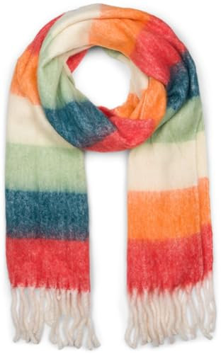 styleBREAKER Damen Web-Strickschal mit breiten bunten Streifen und dicken Fransen - Warmer Winter-Schal, mehrfarbig 01017160, Farbe:Rot-Blau-Lindgrün-Creme-Orange