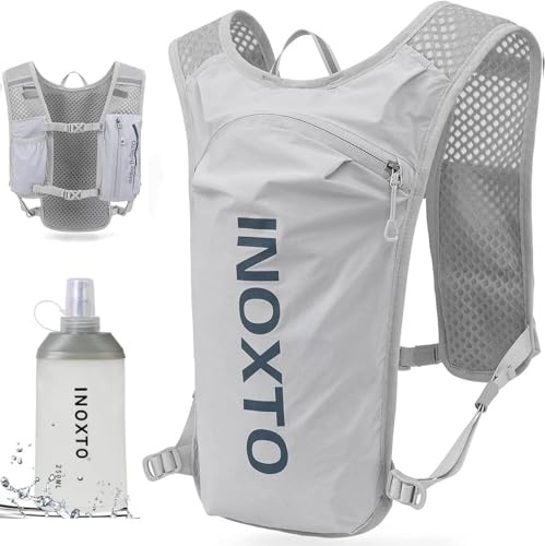 INOXTO Gilet d'hydratation de course à pied, léger et isotherme avec flasque souple de 250 ml pour randonnée, trail, course à pied, cyclisme, course, marathon pour homme et femme (gris, standard)