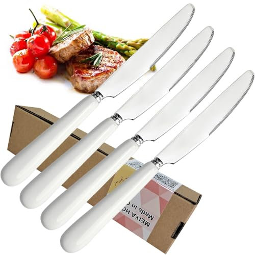 MEIYAHOME Dining Knife, Steak Knifes White Ceramic Handle,S42000 Stainless Steel Blade Table Knives Hotel Tableware 9Inch Mirror Polish Finish (4 PCS Dining Knife)