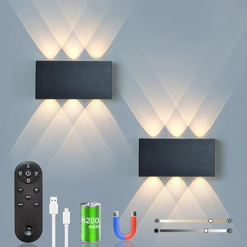 2pcs Akku Wandlampe, mit Fernbedienung Touch Control Schalter LED Magnetisch Akku Wandleuchte 5200mAh Kabellose Wandlampe 3 Modi Helligkeitsstufen, ideal für Loft Flur Schlafzimmer