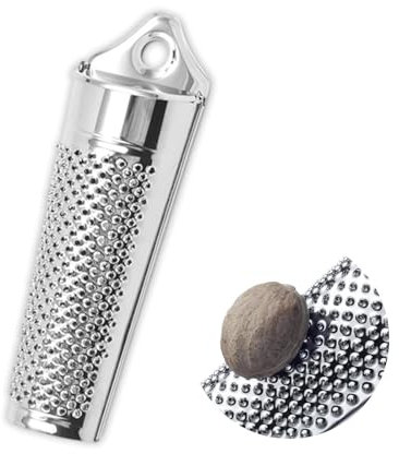 Rallador de nuez moscada con recipiente y nueces moscadas, rallador de nuez moscada de acero inoxidable, rallador de limón con bandeja de almacenamiento para nuez moscada, longitud: 14 cm