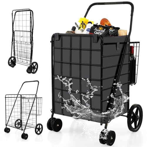 GYMAX Carrello Porta Spesa con Borsa, Carico 40 kg, 100 L + 22 L, 4 Ruote (2 Ruote Universali), Trolley Pieghevole in Metallo, 61 x 60 x 102 cm, Nero