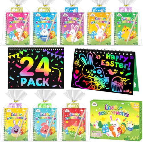 ZMLM 24 livres d'images à gratter pour enfants, Magic Scratch Book, 24 crayons en bois, 24 pochoirs de peinture, papier à gratter arc-en-ciel pour dessiner et bricoler pour les anniversaires, les