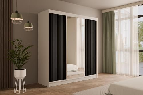 ALTDECOR Kleiderschrank mit Spiegel und Schiebetüren, Garderobenschrank mit viel Stauraum, Schwebetürenschrank, Schrank mit Geriffelten Fronten V2-PRESTIG 215x200 cm Weiß/Schwarz