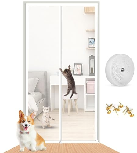 Fly Screens for Doors, Cat Screen Door Net Curtain with Zipper, Reinforced Anti-Tearing Prevent Pet Escape, Heavy Duty Fly Curtain Mesh for Dogs Mosquitos Living Room Bedroom Kitchen Patio (90x210CM)