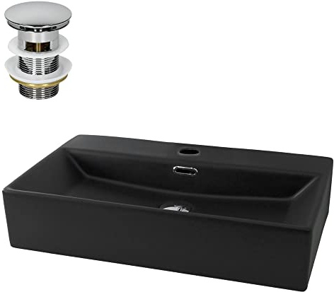 LuxeBath Waschbecken Keramik 605x365x130 mm eckig Schwarz mit Ablaufgarnitur Silber, Aufsatzwaschbecken Badezimmer/Gäste-WC Hängewaschbecken Wandmontage Aufsatzbecken Waschtisch Waschschale Waschplatz