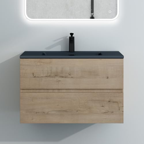 Mai & Mai Waschtisch mit Unterschrank Waschbecken Waschbeckenunterschrank | Badmöbel-Set 80x48x50cm Eiche Greige, mit Waschbecken in Anthrazit, 2-Schubladen Soft-Close Aqualis