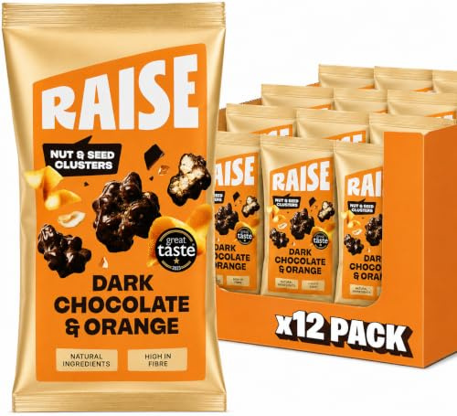 RAISE Nut & Seed Cluster Bites | High Fibre, Protein Snack | Dark Chocolate & Orange (12 x 35g) | Gluten Free, Vegan
