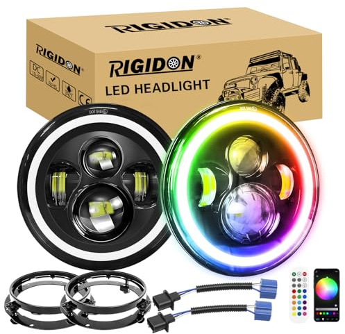 RIGIDON 2x 7 zoll rund scheinwerfer mit rundring halterung, 50W 5000lm | 6000K weiß, 4 modi fahrscheinwerfer feuer kreuz RGB DRL, offroad beleuchtung, für auto Wrangler JK TJ LJ CJ Humm-er JP