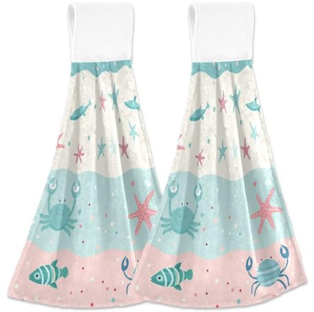 tplaotee Cartoon Sea Starfish Crab Cute Towels with Hook Loop Set of 2 Childrens washcloths wash Cloths with Hanging Loop