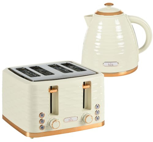 HOMCOM Wasserkocher Toaster Set Frühstück-Set Beige | 2200 W, 1,7L Wasserkocher mit Otter Thermostat, 4 Scheiben Toaster, 7 Bräunungsstufen, Auftauen, Aufwärmen, Krümelfach