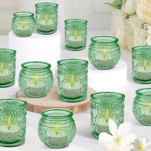 36er Set Teelichthalter Glas, Grün, Vintage Windlichter & Kerzenhalter für Tischdeko – Ideal für Kommunion, Hochzeit & Gartenparty, Drinnen & Draußen