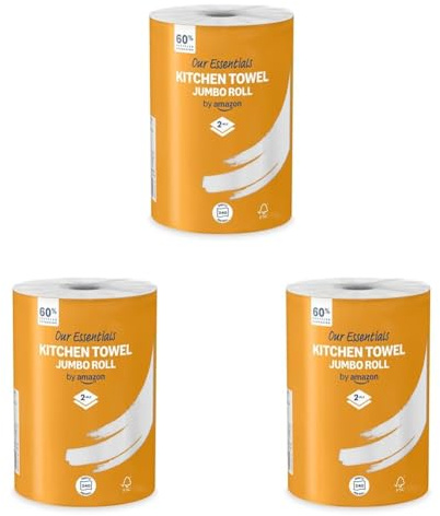 Our Essentials by Amazon Kitchen Towel Jumbo Roll 3 Pack, 2-Ply, 240 Sheets