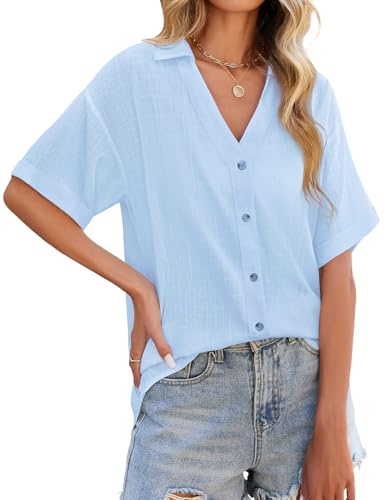 PASUDA Camicia Donna Estiva Lino Camicetta Manica Corta Elegante Blusa Scollo a V Maglietta con Bottoni Moda Casual Tinta Unita Tunica Copricostume Mare Tops(Blu,XXL)