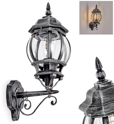 HOFSTEIN Außenwandleuchte Lentua, Außenwandlampe aus Metall/Glas in Schwarz/Silberfarben/Klar, Wandleuchte aufwärts außen Retro/Vintage/Antik mit Lichteffekt, E27, IP44, Hof, Außenbereich, Haustür