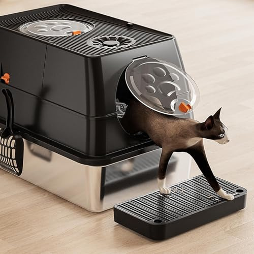 XL Cat Litter Tray, 30l Stainless Steel Litter Box with Detachable Enclosure, Includes Mat, Metal Scoop and Filter Pedal for Older Cats and Litter Saving, Suitable for Most Cats