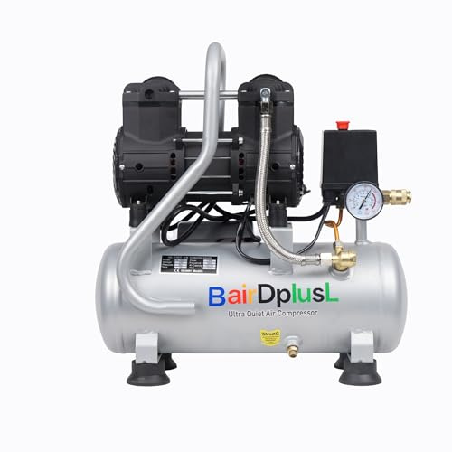 BairDplusL 3.2 Gallon Ultra Quiet Air Compressor 110V/60Hz 1.5HP 8.8CFM, MAX 115PSI Steel Tanks Oil-Free 70dB Noise Level Light & Quiet Portable Air Compressor with Wheels for Auto Repair