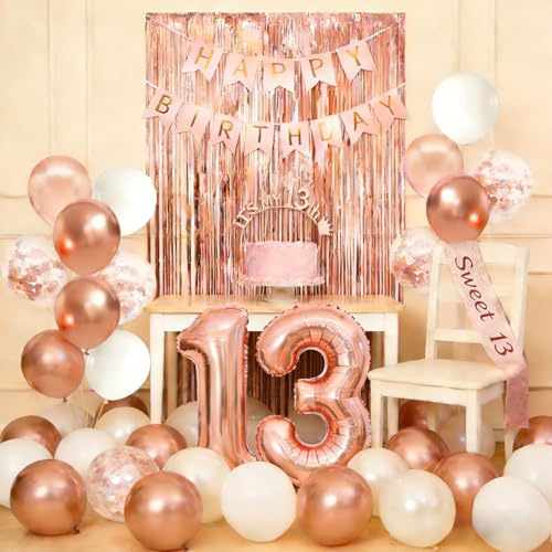 Decoraciones de cumpleaños número 13 para niñas, decoraciones de cumpleaños número 13 de oro rosa que incluyen pancarta, cortinas de flecos, globos de látex, corona, banda, decoración de pastel y