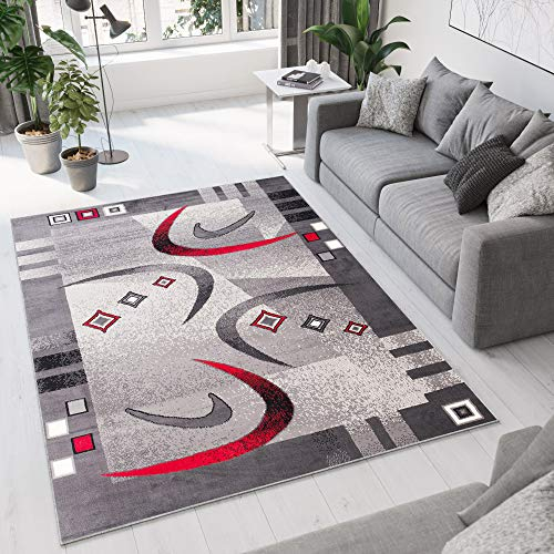 TAPISO Dream Teppich Wohnzimmer Kurzflor Modern Grau Creme Rot Bordüre Meliert Bumerang Vierecke Schlafzimmer Esszimmer ÖKOTEX 120 x 170 cm