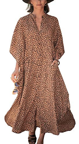 YouKD sommar kaftan maxi bohemisk klänning strand täckande rob stor kimono en storlek, leopard, One Size Stor