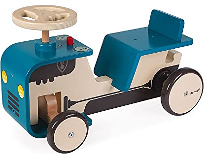 Janod - Traktor Rutscher aus Holz - Baby Rutschauto - Mit Lenkrad, Integrierter Hupe und Anhängerkupplung - Geräuscharme Räder - Holzspielzeug - Ab 18 Monaten, J08053