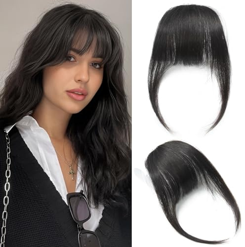 Echtes Echthaar Pony Flat Bangs Clip in Pony Haarverlängerungen Fransenhaar mit Schläfen, Natürliche Schwarze Farbe