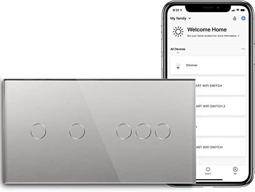 BSEED WiFi Interruptor 2 Gang y 3 Gang 1 Way (Se Necesita Línea Neutral) Alexa/Tuya/Smart Life Compatible, Glass Panel 157 * 86 Interruptor de luz de pared Gris