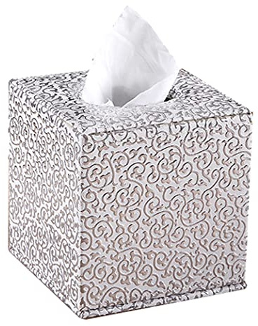 QPZK Quadratische Taschentuchbox-Abdeckung, moderner PU-Leder-Taschentuchbox-Halter, Taschentuch-Etui, Gesichtspapier-Organizer, Spender für Badezimmer, Schminktisch, Nachttisch, Schreibtisch (Silber)