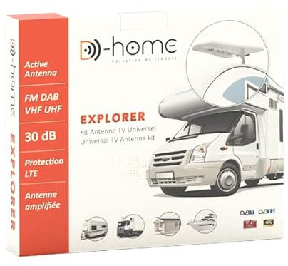D-Home - Explorer - Antena de TV para Caravana, con amplificador de 20 dB. Antena de TV Caravana y vehículos de ocio. Instalación sencilla/llave en mano - Alimentación de 12 o 24 V CC o CA 230 Vac