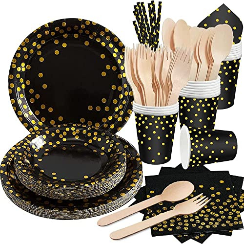 120 Pièces Ensemble D'assiettes en Papier Jetables Noir&Or,Vaisselle de Fête Papier Assiette Serviette Tasses Avec Pailles Couverts Pour Anniversaire Mariage Anniversaire Décoration (24 Invités)