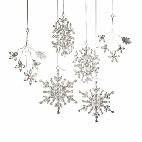 Loberon Weihnachtsschmuck 6er Set Allegan, Silber | Verschiedene Formen, glitzernde Schneeflocken & Sterne, Weihnachtsdeko, Christbaumschmuck, Eisen, Glas