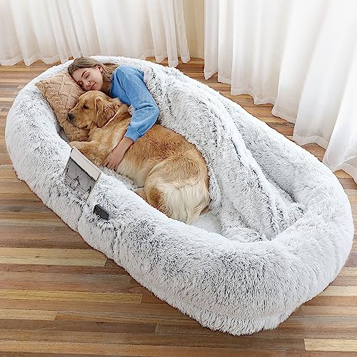 WROS Human Dog Bed - 71x45x12 Fits You & Pets, Washable Faux Fur, Orthopedic, Plump Pillow, Blanket, Strap - Grey