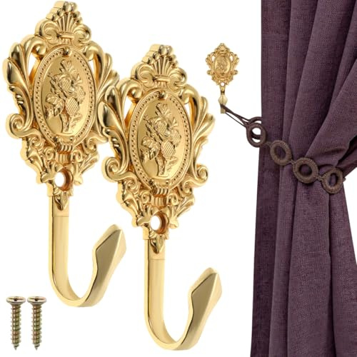 Amosfun Vintage Vorhang Holdbacks Mit Rosenmuster 2 StüCk Gardinen Raffhalter Goldfarbene Wandhaken Aus Zinklegierung FüR Wohnzimmer Schlafzimmer Dekorative Vorhangseitenhalter FüR Raffhalter
