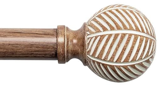 Wood Curtain Rods for Windows: 1 Inch Diameter Adjustable Heavy Duty Curtain Rod 32 to 45 with Imitation Wood Grain Leaf Pattern Finials